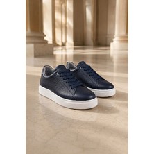 Erkek Lacivert  Deri Esnek Taban Bağcıklı Casual Ayakkabı Sneaker