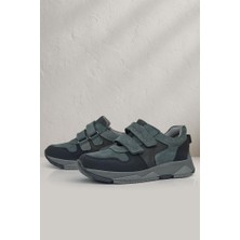Rakerplus Hakiki Deri Koyu Gri Siyah Çocuk Cırtlı Sneakers Spor Ayakkabı