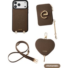 COGURE 17 Pro Uyumlu M-Stand Cüzdan, Kalp Çanta, Deri Askı, Kılıf 4\'lü Kahverengi Set -By Bero Lina