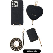 COGURE iPhone 15 Pro Max Uyumlu Magsafe Cüzdan, Askı, Kalp Çanta ve Kılıf 4\'lü Siyah Set - By Bero Lina