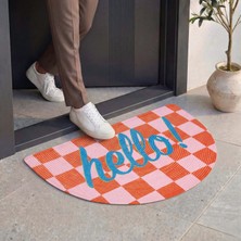 Cool Halı Passy Hello Yazılı Kapı Önü Paspası Dekoratif Dama Desenli Turuncu Yarım Ay Giriş Paspası