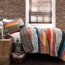 Lush Decor Boho Çizgili Yorgan Ters Çevrilebilir 3 Bohem Yatak Seti - - Turkuaz Mandalina