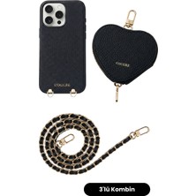 COGURE iPhone 15 Pro Max Uyumlu Magsafe Kalp Çanta,  Zincir Askı ve Kılıf 3\'lü Siyah Set - By Bero Lina