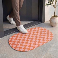 Cool Halı Passy Oval Turuncu Pembe Retro Kareli Kapı Önü Paspası Dekoratif Giriş Balkon Teras Paspası