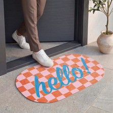 Cool Halı Passy Hello Yazılı Kapı Önü Paspası Retro Kareli Desenli Şık Renkli Dekoratif Bohem Paspas