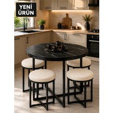 Edmonda Ev Aksesuar Inci Yuvarlak 90 cm Puflu 4 Kişilik Masa Takımı Balkon Masası Kahve Masası Krem Kumaş
