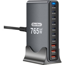 Go-Des Go Des GD-B963 Gan Teknolojili 10 Portlu Masaüstü Çoklu Şarj Istasyonu 765W Gri