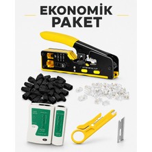 Ekonomik Paket - RJ45 Cat5 Cat6 Cat7 Ağ Kablo Sıkma Pensesi + 100 Adet Konnektör + 100 Adet Siyah Boot Kılıf + Kablo Test Cihazı + Mini Soyuculu + Yedek Bıçağı