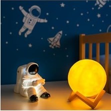Elivora Store Işık Kasabası(28) Oturan Astronot ve 3D Küre LED Gece Lambası Tabletli Astronot Sarı,beyaz