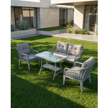 Tu Tienda Kaş 2+1+1+Sehpa Bahçe Balkon Mobilyası,Gri Kumaş / Gri Rattan
