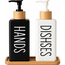 Elivora Store Minimalist Bambu Tepsili Siyah Beyaz Sabunluk ve Deterjan Dispenser Seti, Mutfak, Banyo ve Lavabo Için Şık, Dayanıklı, Kaymaz Tabanlı, Geniş Ağızlı, Kolay Dolumlu Sıvı Sabunluk & Bulaşık Deterjan Şiş