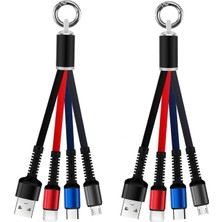 Elivora Store Busstier 3 In 1 Işıklı Anahtarlık Şarj Kablosu, Usb-A Girişli Micro Usb, Type-C ve iPhone Uyumlu Taşınabilir Kablo, Powerbank ve Araç Şarjı Için Kompakt Acil Durum Şarj Aparatı