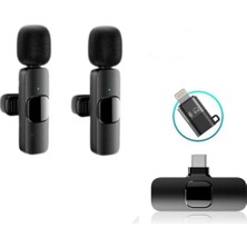 Elivora Store K9-D2 Type-C Lightning Dönüştürücülü Wireless Kablosuz Çiftli Yaka Mikrofonu