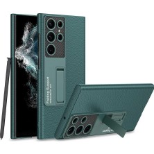 Elivora Store Spia  Galaxy S22 Ultra Kılıf Koyu Yeşil Kalmia Standlı Kapak Dayanıklı Darbe Karşıtı Koruyucu Tasarım ( Galaxy S22 Ultra, Koyu Yeşil)