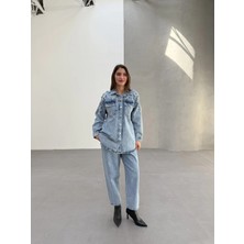 Taş Detaylı Denim Gömlek ve Pantolon Ikili Takım