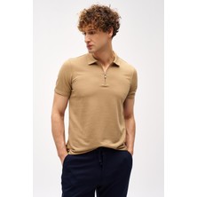 İGS Erkek Bej Slim Fit Fermuarlı Polo Yaka Kısa Kollu Tişört