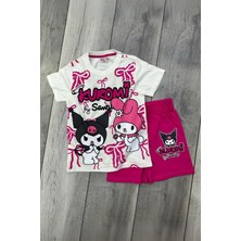 Eqru Store Kuromi Baskılı Beyaz Tişört ve Fuşya Renkli Şortlu Kız Çocuk Takım