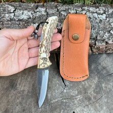 Köse Mehmet Katlanır Model - N690 Çelik -  Geyik Işlemeli Geyik Boynuzu Sap - 19 cm