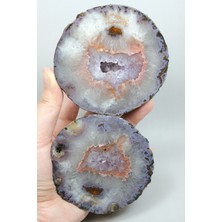Healcrystal Parlatılmış Almus Akik Çifti lavanta Mor Dantel Karadeniz Akik, Somon Pembe Kenarlı Ametist Kuvars Kristal Geode Nodülü