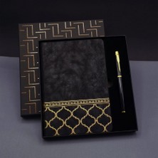 Epilons Gold Desen Siyah Deri Defter Kalem Set