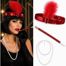 Shoppingfestr 1920&AMP;#39;LER Gatsby Kırmızı Parti Seti - Çarliston Saç Bandı, Inci Kolye ve Sigara Tutaca