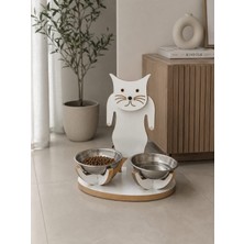 Asrimo Kedi Figürlü Ahşap Mama ve Su Kabı Standı – Dekoratif & Açık Kollu Beyaz