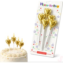 Süsle Bebek ve Parti Çubuklu Metalik Altın Kalp Mum - 13 cm x 4 Adet