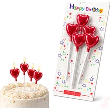 Süsle Bebek ve Parti Çubuklu Metalik Kırmızı Kalp Mum - 13 cm x 4 Adet