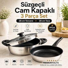 Kochler 28 cm Seramik Iç Yüzeyli Çelik Tencere Tava Seti, Süzgeçli Cam Kapaklı 3 Parça, Tüm Ocak Uyumlu