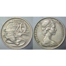 Banknoting Avustralya 20 Cent 1967 Kraliçe Iı. Elizabeth. Ornitorenk Temalı. 28,6 Mm.