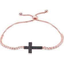 Emiliano Jewellery Zirkon Taşlı Rose Altın Kaplamalı Alttan Ayarlı Su Yolu Haç Gümüş Bileklik
