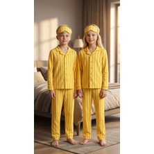 Enie Kız ve Erkek Çocuk Sarı Pamuklu Çizgili Uzun Kollu Pijama Takımı + Göz Bandı