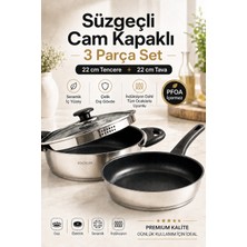 Kochler 22 cm Seramik Iç Yüzeyli Çelik Tencere Tava Seti, Süzgeçli Cam Kapaklı 3 Parça, Tüm Ocak Uyumlu