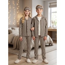 Enie Kız ve Erkek Çocuk Kahverengi Pamuklu Çizgili Uzun Kollu Pijama Takımı + Göz Bandı