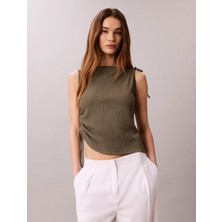 Calvin Klein Kadın Normal Kalıp Sıfır Yaka Kolsuz Fitilli Haki T-Shirt LV047G290G-LDY