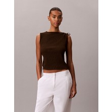 Calvin Klein Kadın Normal Kalıp Sıfır Yaka Kolsuz Fitilli Kahverengi T-Shirt LV047G290G-TO2