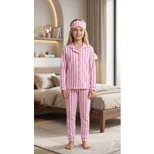 Enie Kız Çocuk Pembe Pamuklu Çizgili Uzun Kollu Pijama Takımı + Göz Bandı