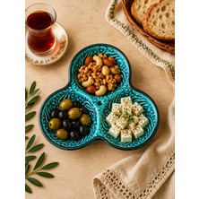 Mugusa Hediyelik El Yapımı Çini Seramik Kabartma Desenli Çintemani Turkuaz / Yeşil Çerezlik - Kahvaltılık - Sunum Tabağı / Çeyizlik