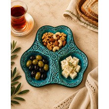 Mugusa Hediyelik El Yapımı Çini Seramik Kabartma Desenli Kalp Model Turkuaz / Yeşil Çerezlik - Kahvaltılık - Sunum Tabağı / Çeyizlik