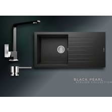 Real Stone Black Pearl 100x50 cm Kanallı Damlalıklı Tek Gözlü Granit Evye ve L Kuğu Batarya Seti
