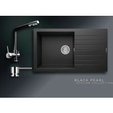 Real Stone Black Pearl 86x50 cm Damlalıklı Tek Gözlü Granit Evye ve Arıtma Çıkışlı Batarya Seti