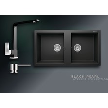Real Stone Black Pearl 97x52 cm Çift Gözlü Granit Evye ve L Kuğu Batarya Seti