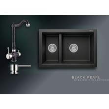 Real Stone Black Pearl 70x46 cm Çift Gözlü Granit Evye ve Arıtma Çıkışlı Rustik Batarya Seti