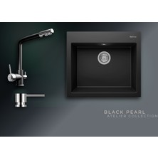 Real Stone Black Pearl 60x53 cm Tek Gözlü Granit Evye ve Arıtma Çıkışlı Batarya Seti