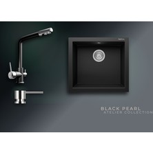 Real Stone Black Pearl 52x47 cm Tek Gözlü Granit Evye ve Arıtma Çıkışlı Batarya Seti