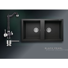 Real Stone Black Pearl 97x52 cm Çift Gözlü Granit Evye ve Arıtma Çıkışlı Rustik Batarya Seti