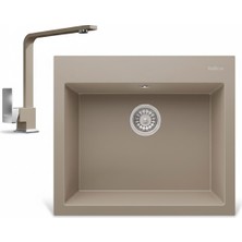Real Stone Realstone Didyma 60 Granit Eviye ve Göksu L Kuğu Batarya Seti - 600X530 mm - Cappuccino