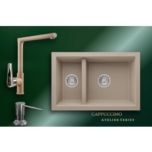 Real Stone Cappuccino Atelier 70x46 cm Çift Gözlü Granit Evye ve Tek Gövdeli Batarya Seti
