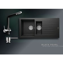 Real Stone Black Pearl 100x50 cm 1,5 Gözlü Damlalıklı Granit Evye ve Arıtma Çıkışlı Batarya Seti
