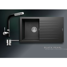 Real Stone Black Pearl 86x50 cm Tek Gözlü Granit Evye ve Spiralli Batarya Seti